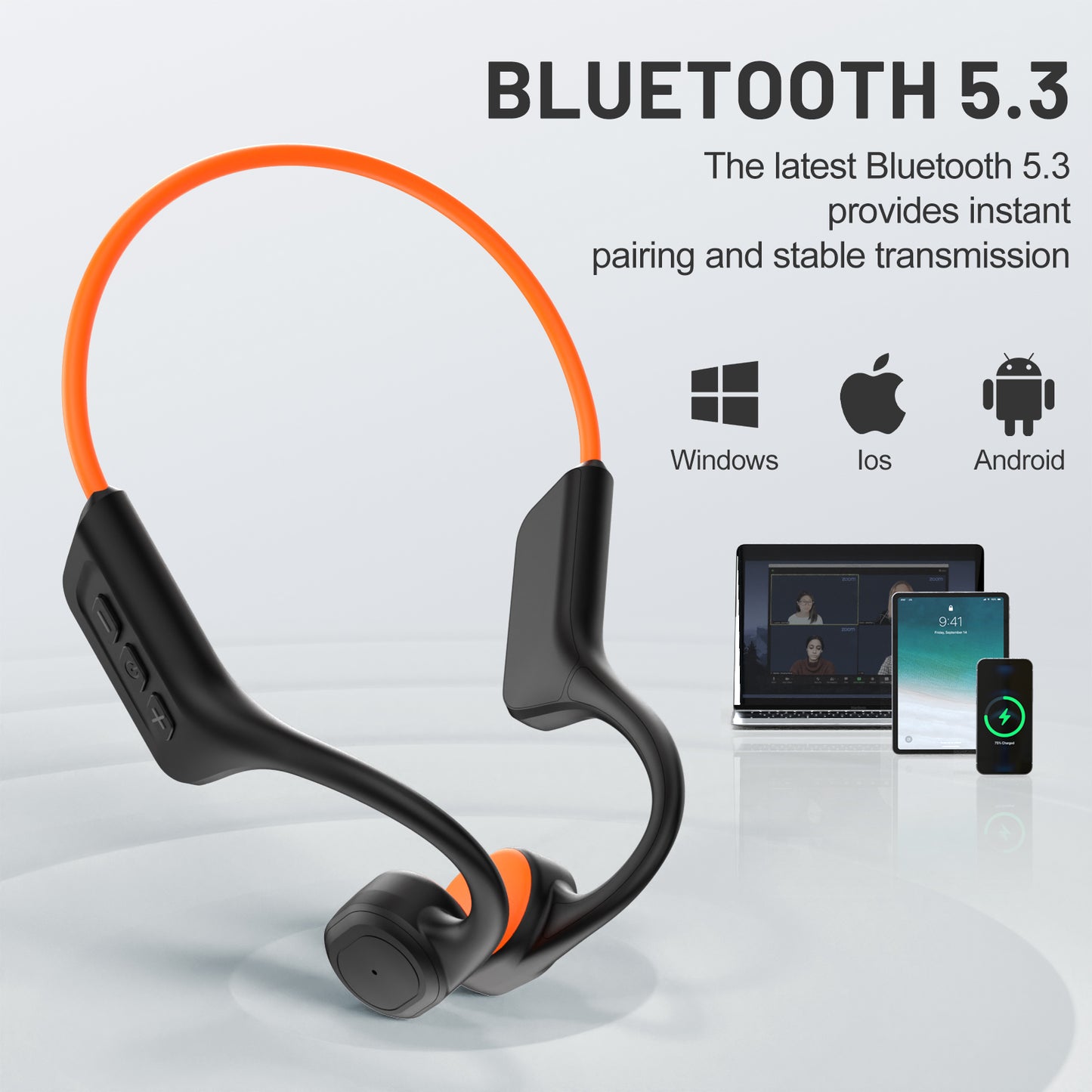 SilisoundTek S800C Bone Conduction Headphones, Open-Ear Bluetooth 5.3 Headphones with Mic, IPX7 Waterproof Sports Earbuds Wireless Earphones for Running Workout Cycling, 1.5 Fast Charging and 10H Working Time （Orange）